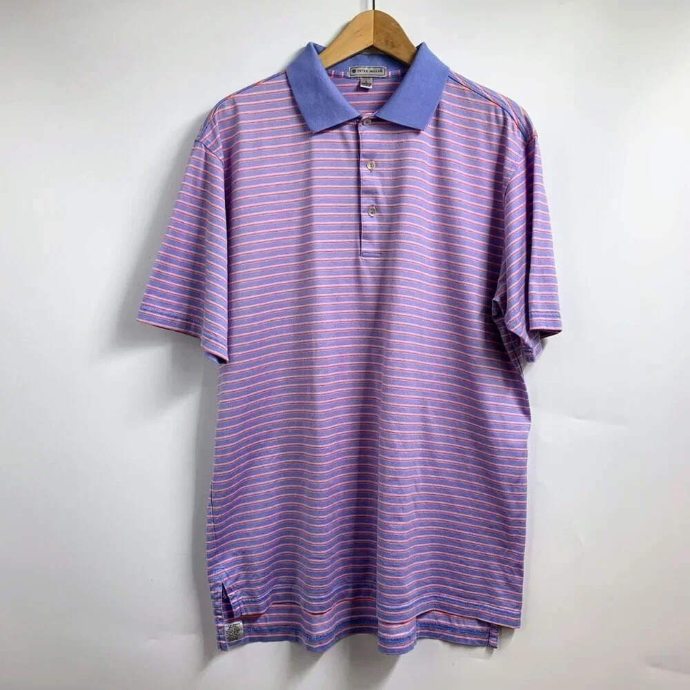 Peter Millar Men's Striped Cotton Button Short Sleeve Polo Shirt Size L